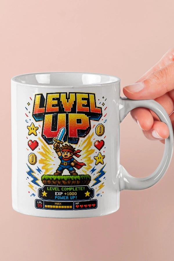 Level Up Power Up Piksel Art Tasarım Kupa