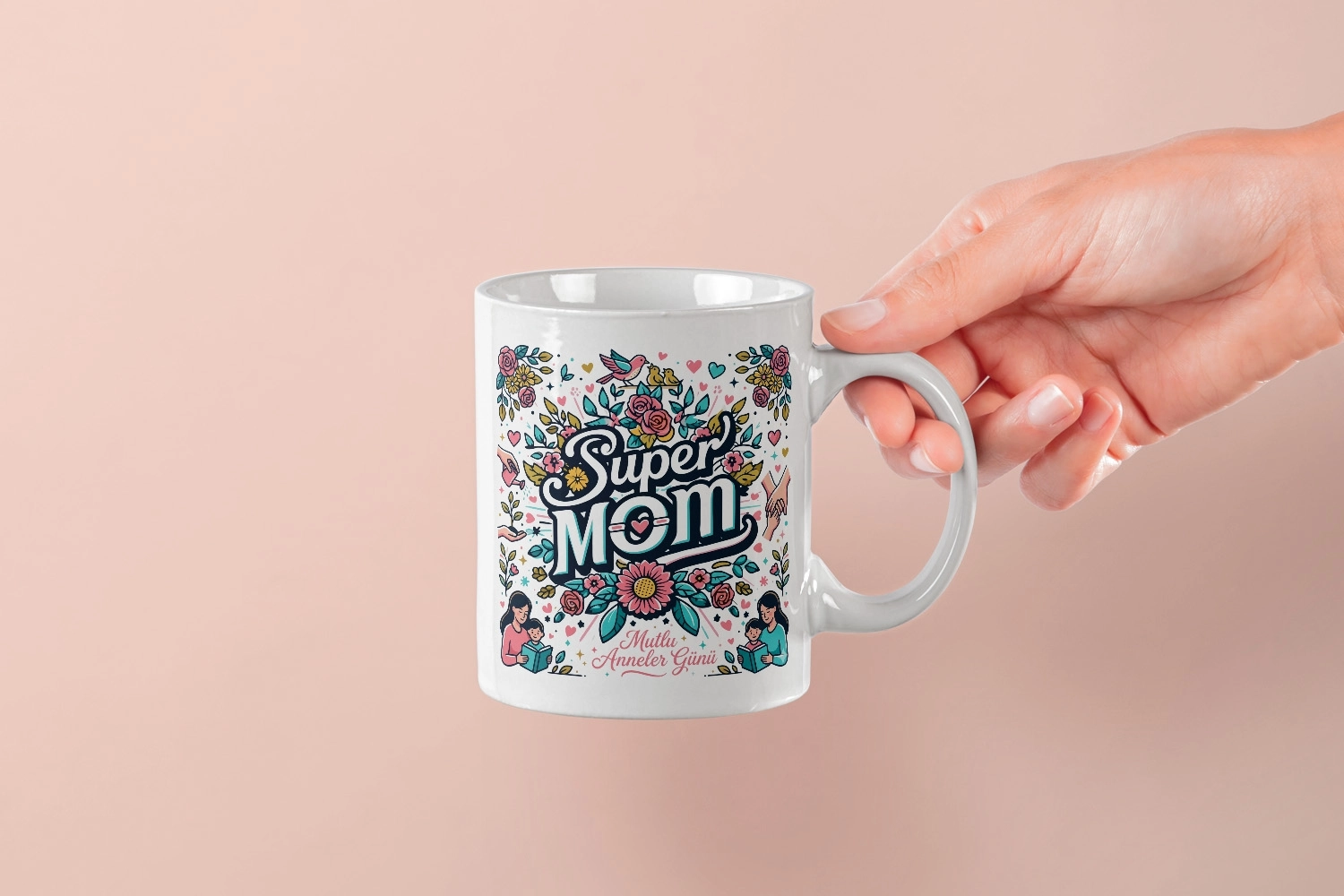 ’’Super Mom’’ Çiçek Desenli Tasarım Kupa - Anneler Günü Hediyesi