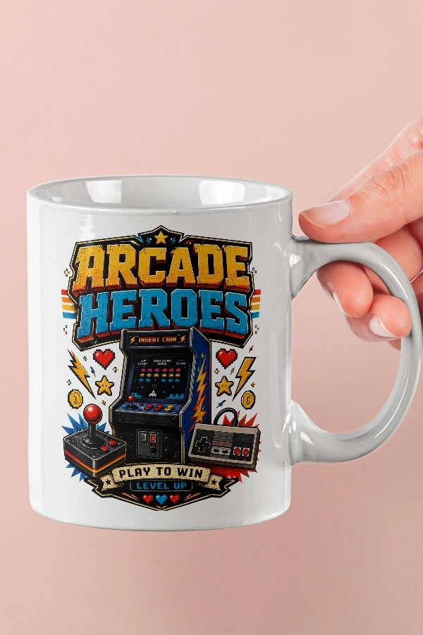 Arcade Heroes Play To Win Piksel Art Tasarım Kupa
