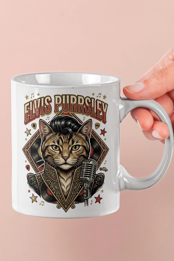 Elvis Presley - Elvis Purrsley Kedi Rock Tasarım Kupa - Versiyon 2