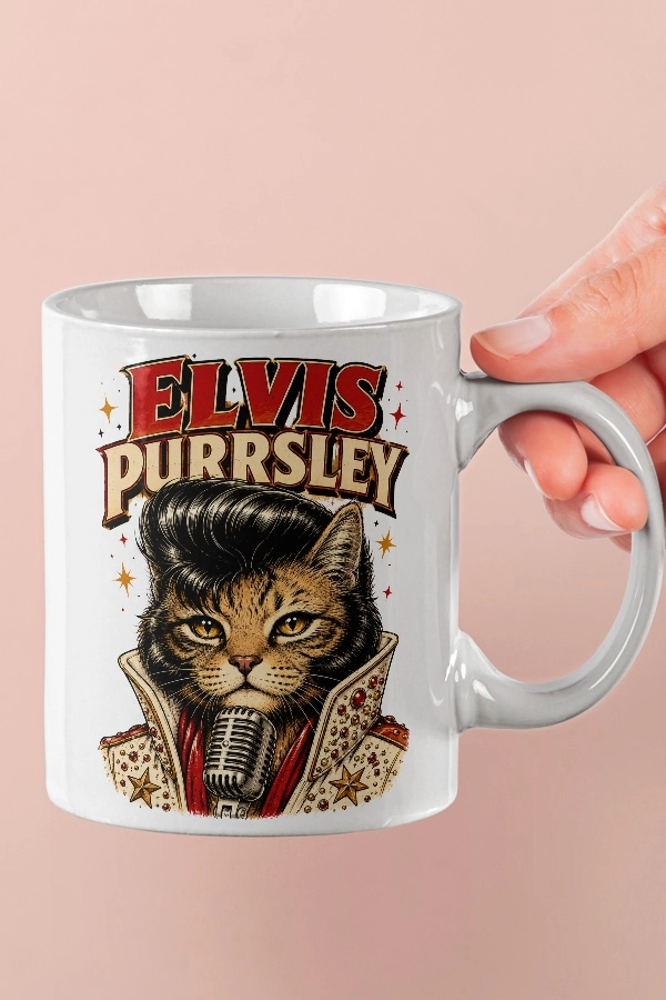 Elvis Presley - Elvis Purrsley Kedi Rock Tasarım Kupa - Versiyon 1