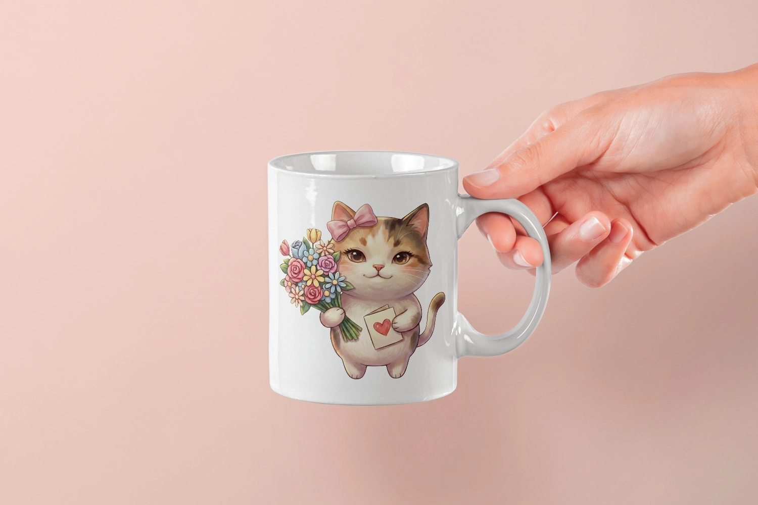 Kedi – Kalpli Kartlı Kupa Tasarımı – Sevgililer Günü Özel (Dişi)