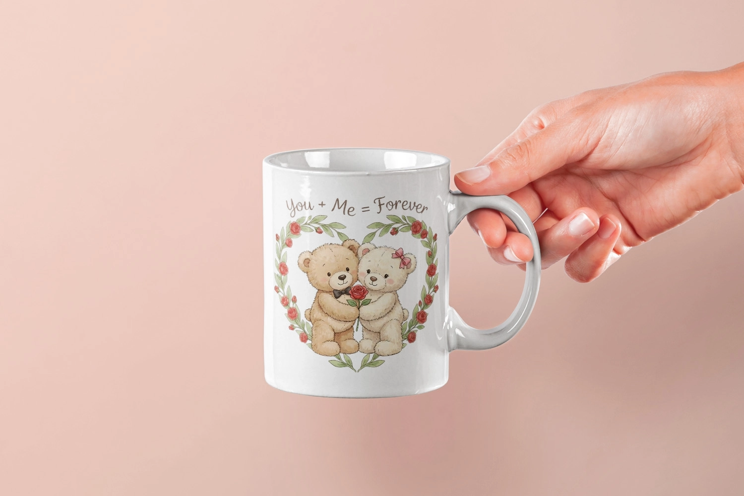 You + Me = Forever Yazılı Ayıcık Kupa – Sevgililer Günü Özel Tasarım
