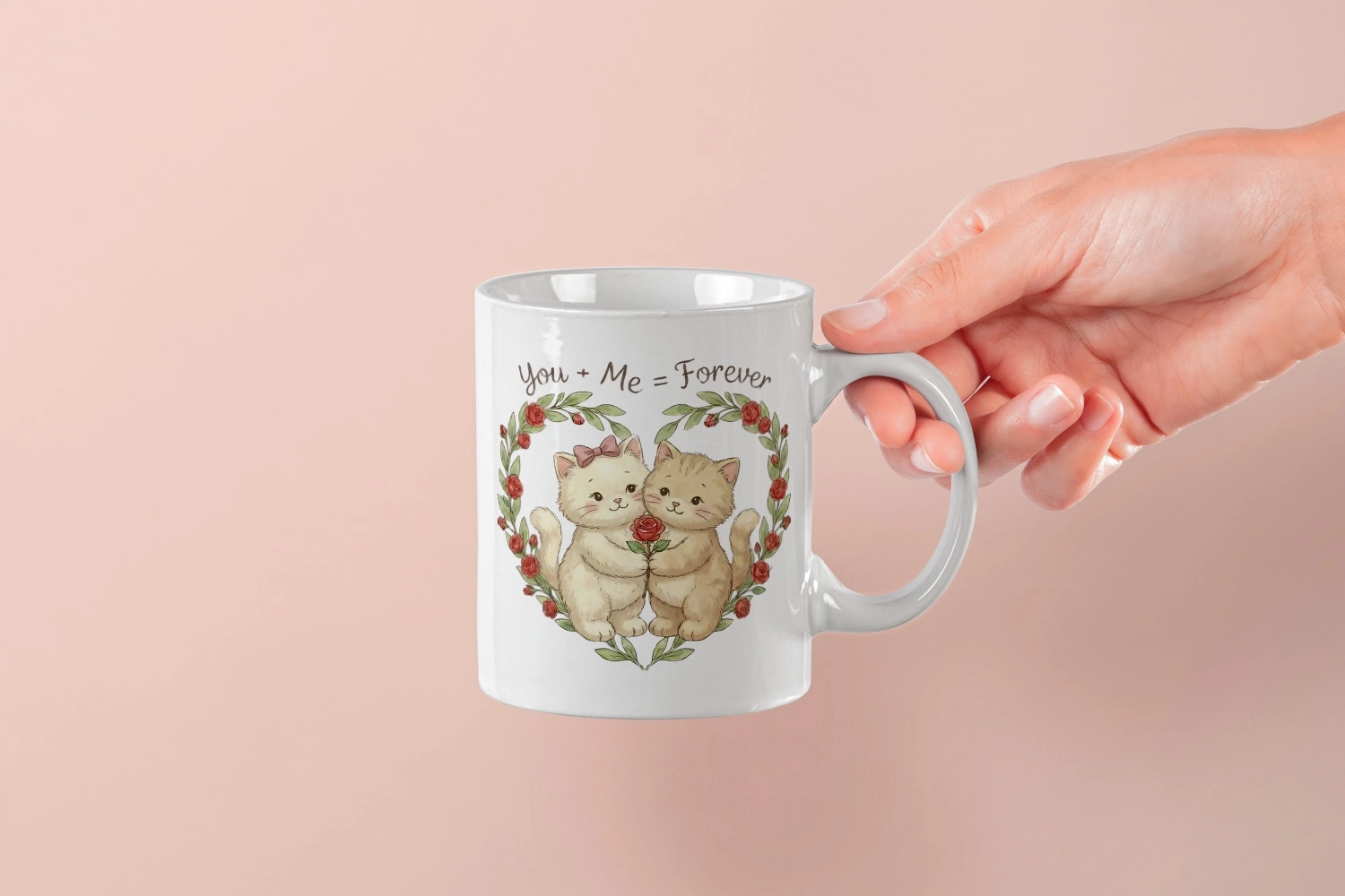 You + Me = Forever Yazılı Kedicik Kupa – Sevgililer Günü Özel Tasarım