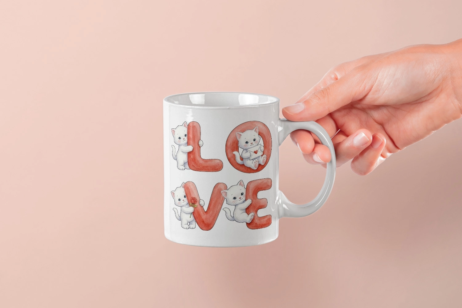 Beyaz Kedi – LOVE Yazılı Sevgililer Günü Özel Tasarım Kupa