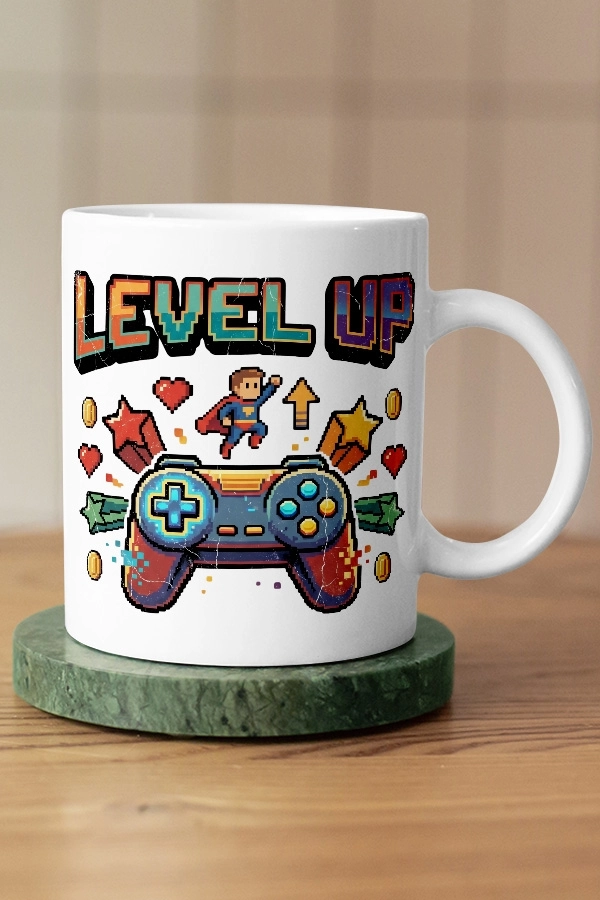 Level Up Piksel Art Tasarım Kupa