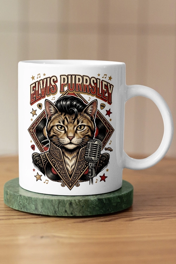 Elvis Presley - Elvis Purrsley Kedi Rock Tasarım Kupa - Versiyon 2