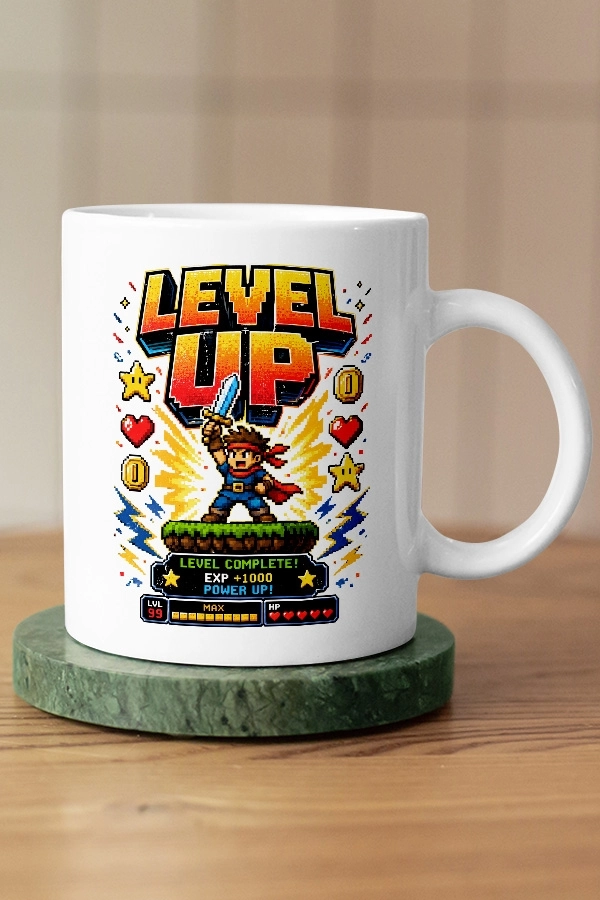 Level Up Power Up Piksel Art Tasarım Kupa