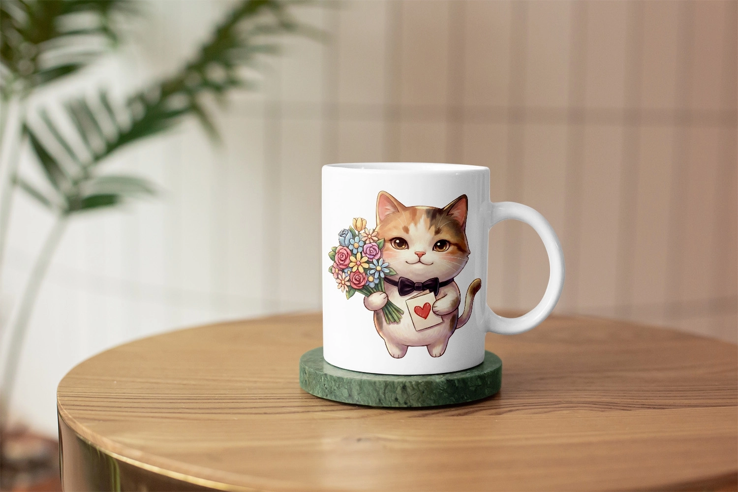 Kedi – Kalpli Kartlı Kupa Tasarımı – Sevgililer Günü Özel (Erkek)