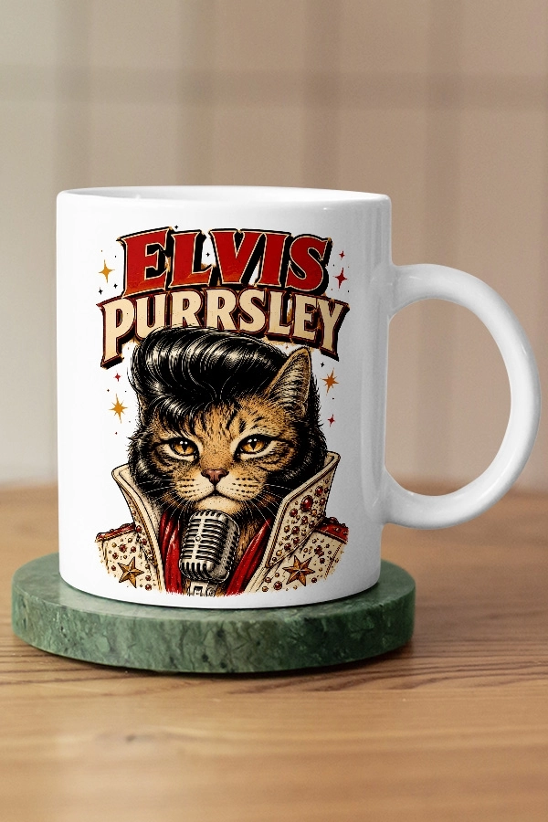 Elvis Presley - Elvis Purrsley Kedi Rock Tasarım Kupa - Versiyon 1
