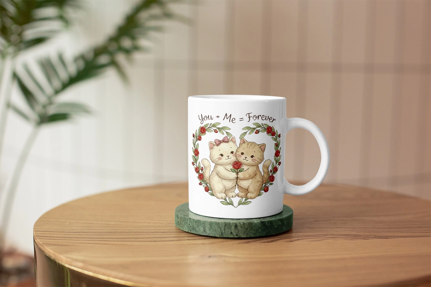 You + Me = Forever Yazılı Kedicik Kupa – Sevgililer Günü Özel Tasarım
