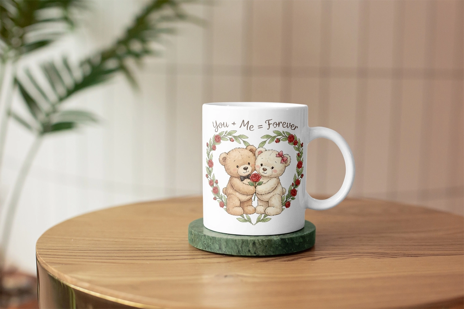 You + Me = Forever Yazılı Ayıcık Kupa – Sevgililer Günü Özel Tasarım