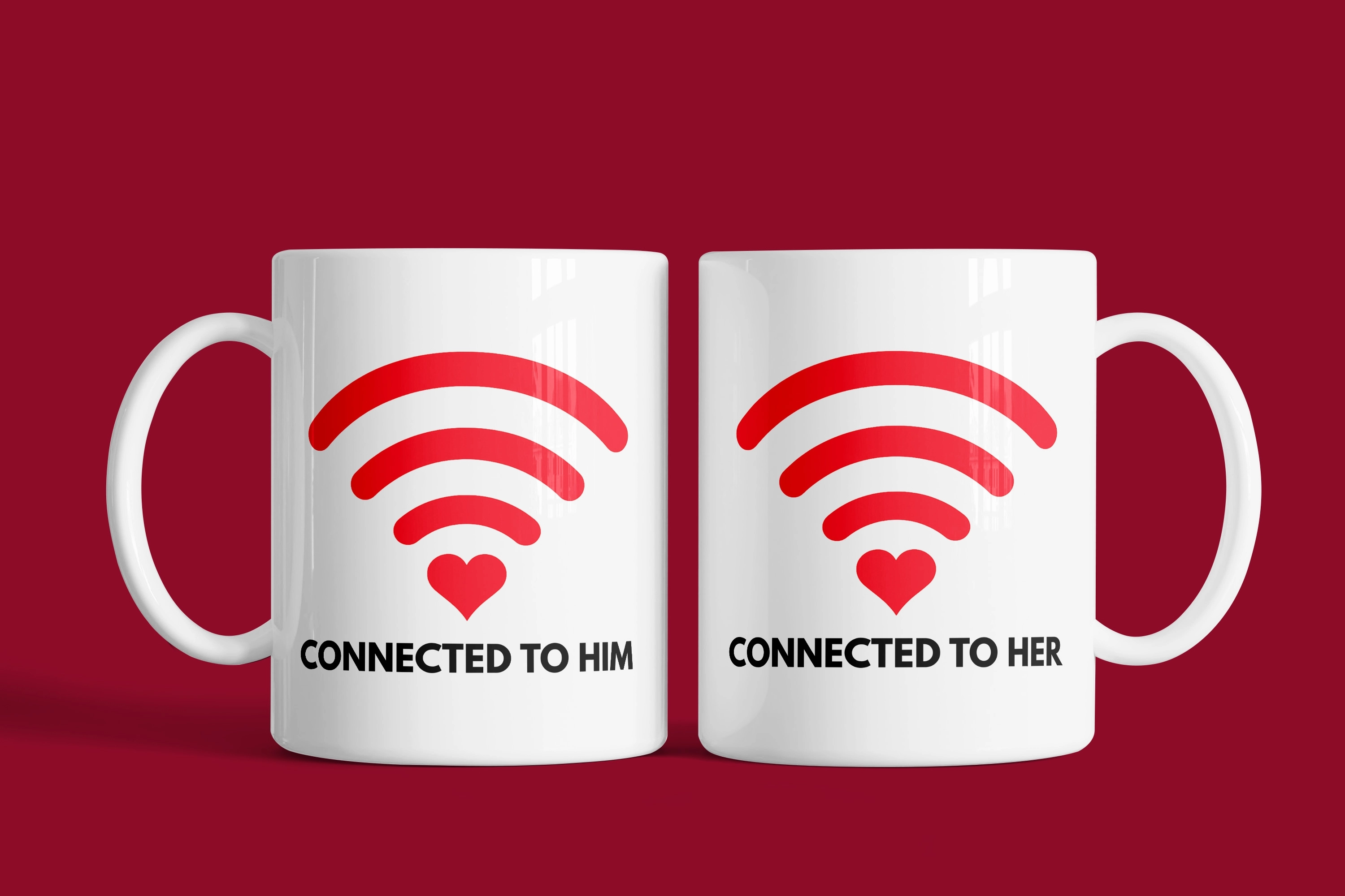 Connected To Him & Connected To Her – 2’li Kupa Seti | Sevgililer Günü Özel Tasarım Kupa