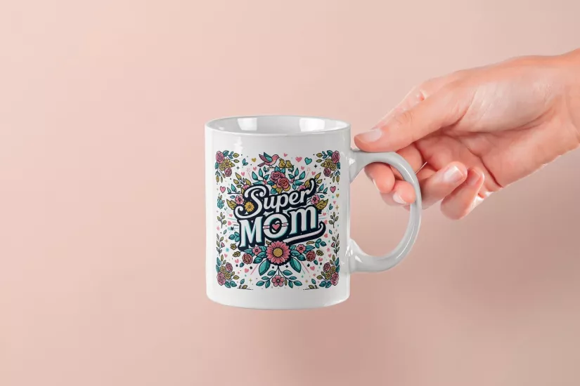 ’’Super Mom’’ Çiçek Desenli Tasarım Kupa - Anneler Günü Hediyesi