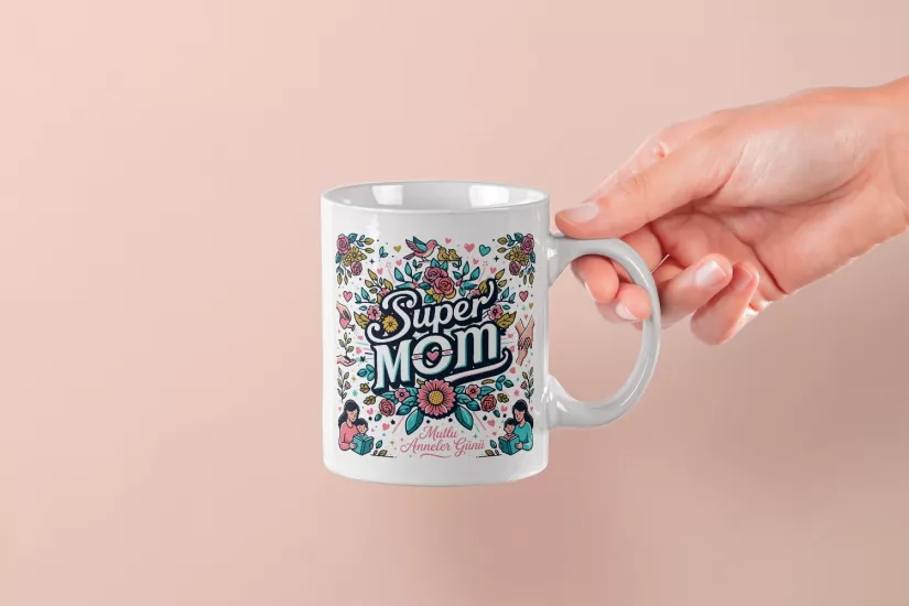 ’’Super Mom’’ Çiçek Desenli Tasarım Kupa - Anneler Günü Hediyesi