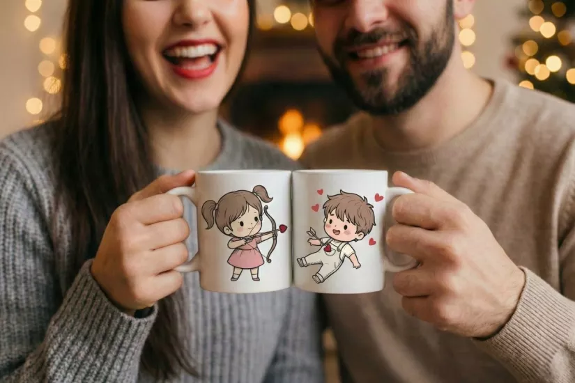 Kalp Avcısı Esmer Okçu Kız & Esmer Erkek - 2’li Sevgililer Günü Kupa Seti
