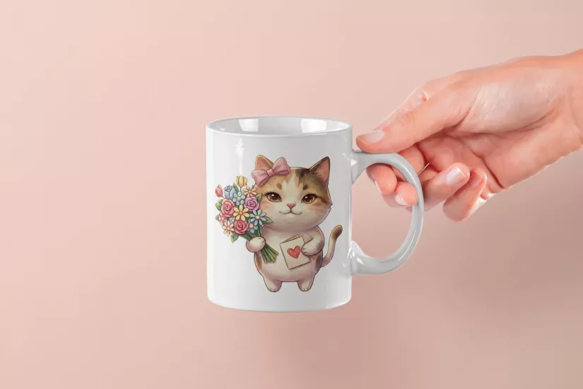 Kedi – Kalpli Kartlı Kupa Tasarımı – Sevgililer Günü Özel (Dişi)