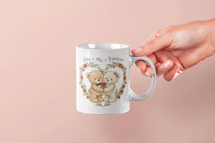 You + Me = Forever Yazılı Ayıcık Kupa – Sevgililer Günü Özel Tasarım