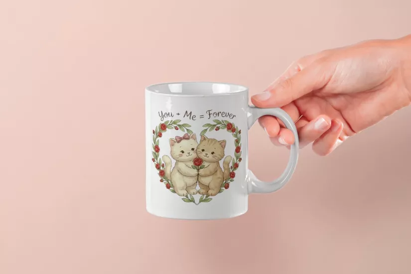 You + Me = Forever Yazılı Kedicik Kupa – Sevgililer Günü Özel Tasarım