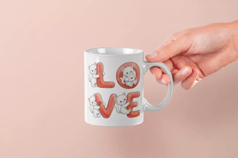 Beyaz Kedi – LOVE Yazılı Sevgililer Günü Özel Tasarım Kupa