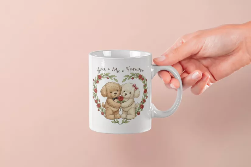 You + Me = Forever Yazılı Köpekçik Kupa – Sevgililer Günü Özel Tasarım