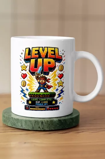 Level Up Power Up Piksel Art Tasarım Kupa