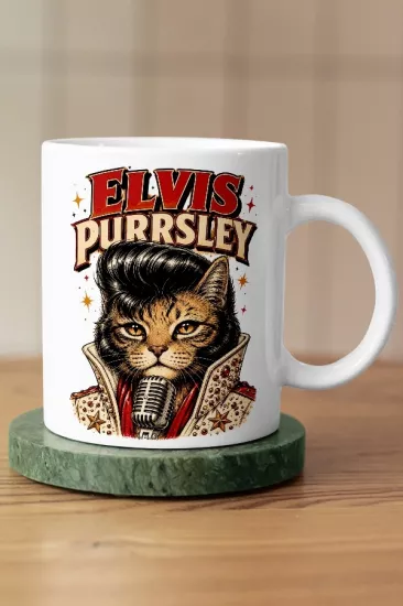 Elvis Presley - Elvis Purrsley Kedi Rock Tasarım Kupa - Versiyon 1