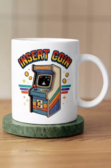 Insert Coin Arcade Retro Uzay Oyunu Piksel Art Tasarım Kupa