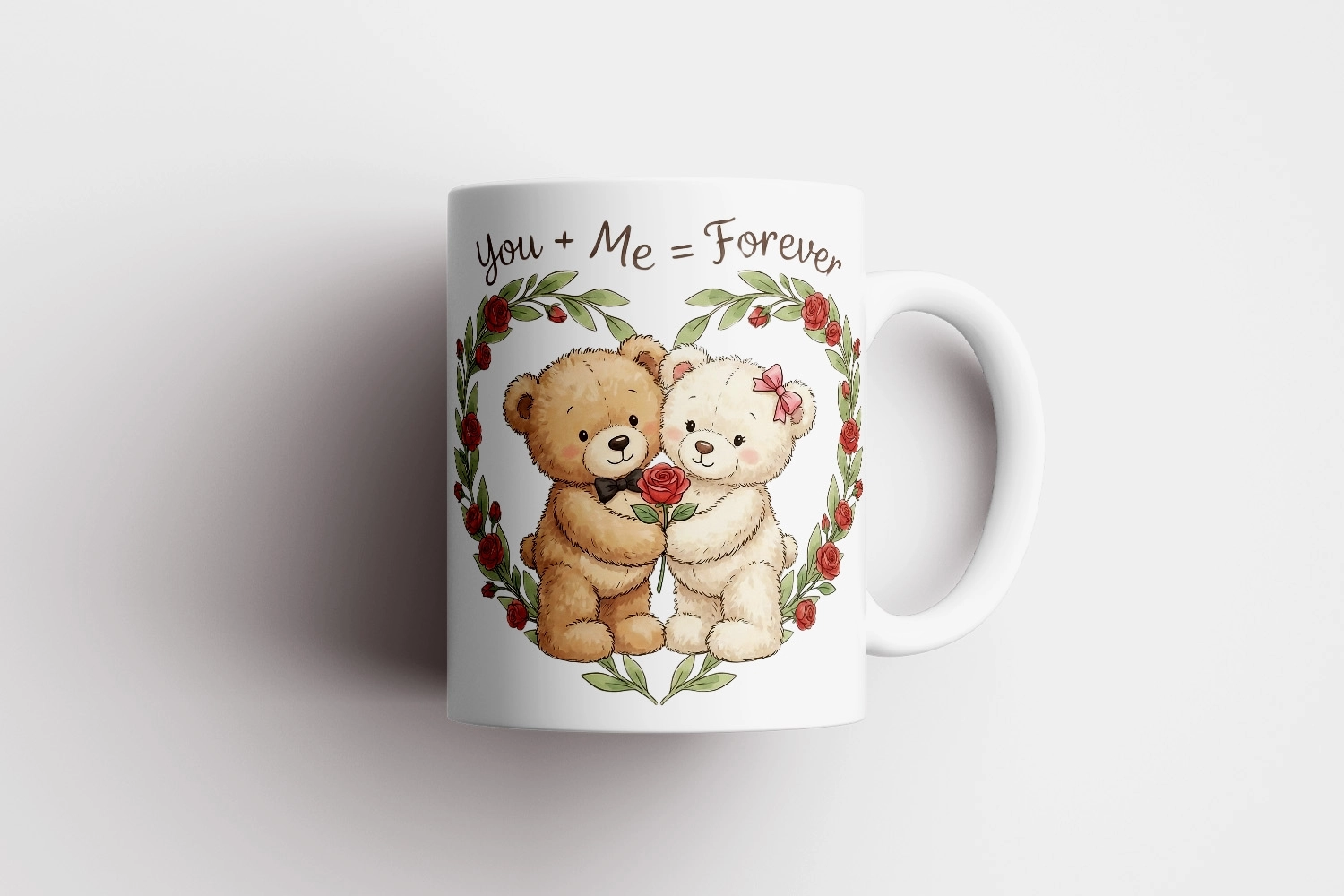 You + Me = Forever Yazılı Ayıcık Kupa – Sevgililer Günü Özel Tasarım