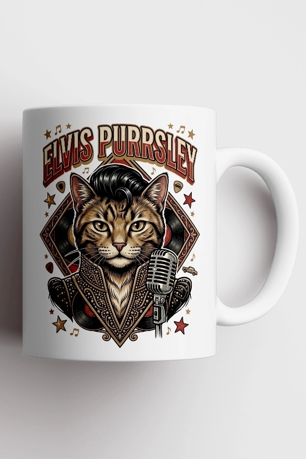 Elvis Presley - Elvis Purrsley Kedi Rock Tasarım Kupa - Versiyon 2