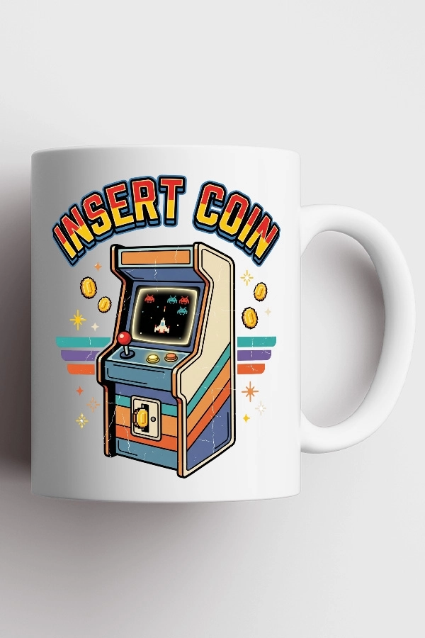 Insert Coin Arcade Retro Uzay Oyunu Piksel Art Tasarım Kupa