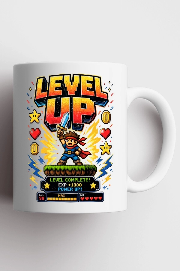 Level Up Power Up Piksel Art Tasarım Kupa