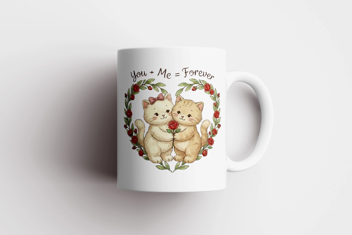 You + Me = Forever Yazılı Kedicik Kupa – Sevgililer Günü Özel Tasarım
