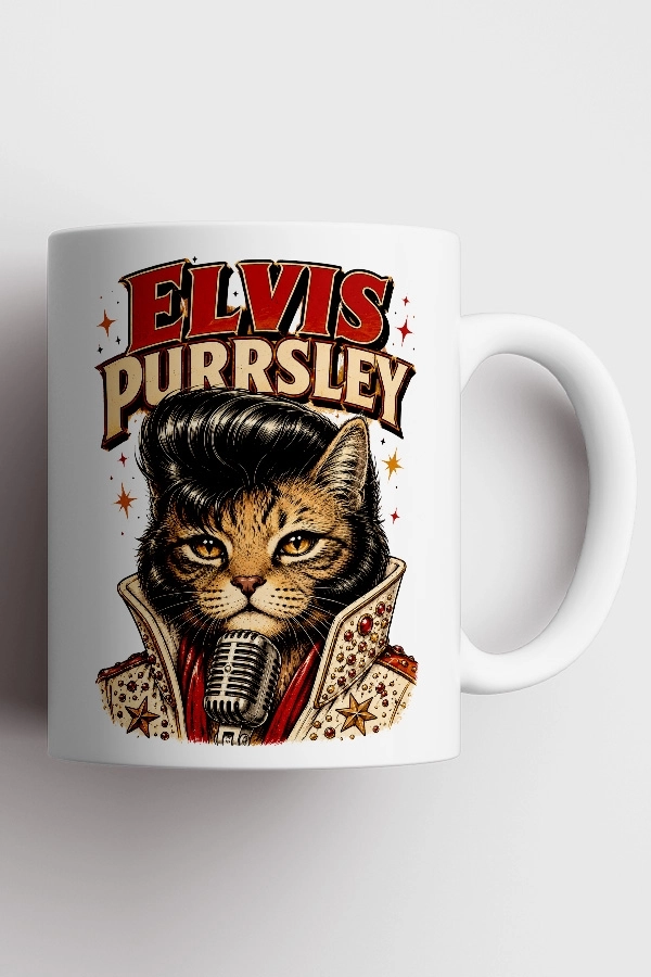 Elvis Presley - Elvis Purrsley Kedi Rock Tasarım Kupa - Versiyon 1
