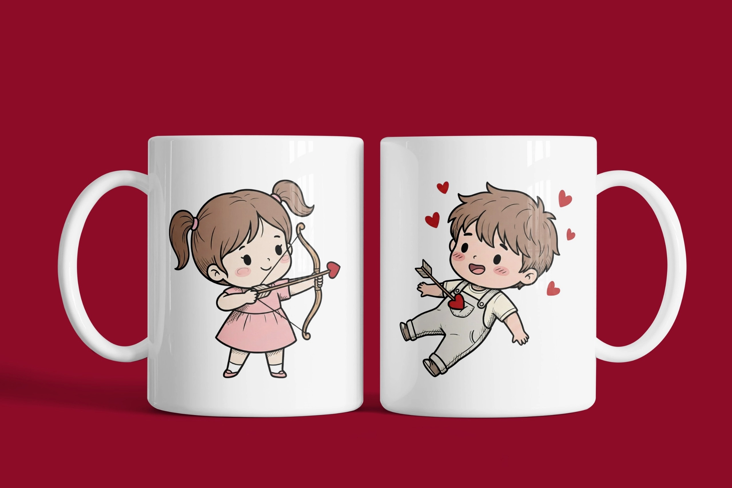 Kalp Avcısı Esmer Okçu Kız & Esmer Erkek - 2’li Sevgililer Günü Kupa Seti